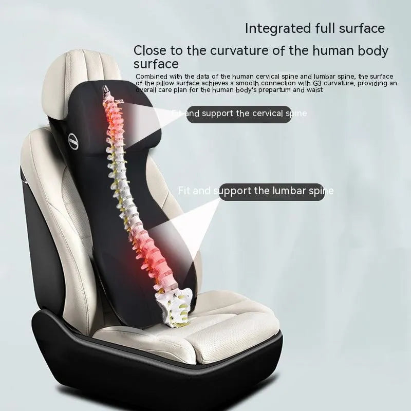 Automotive memory foam cushion with integrated headrest and lumbar support in multiple colour options