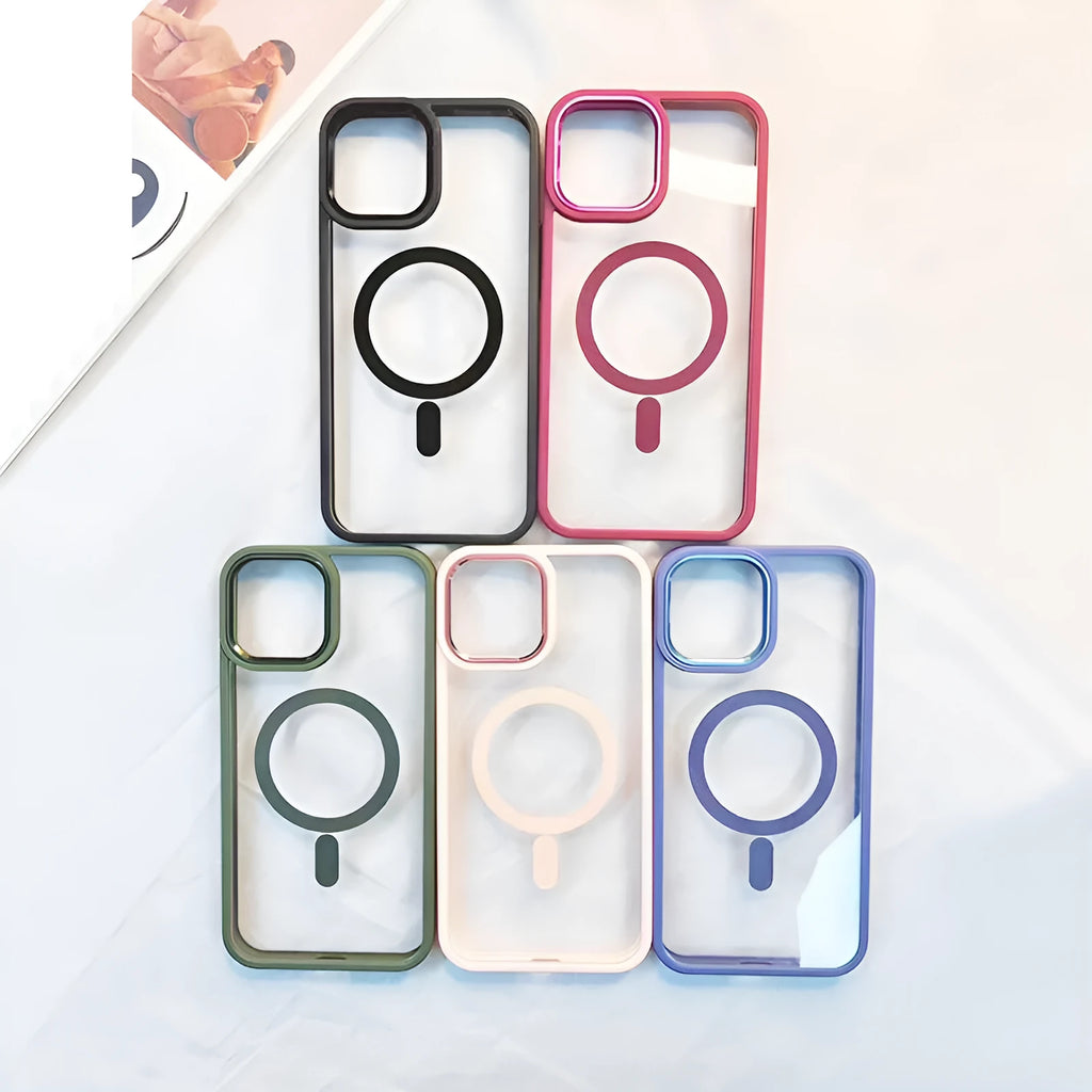 Magnetic transparent silicone phone case for iPhone on a magnetic car mount, shown in a plum red colour.