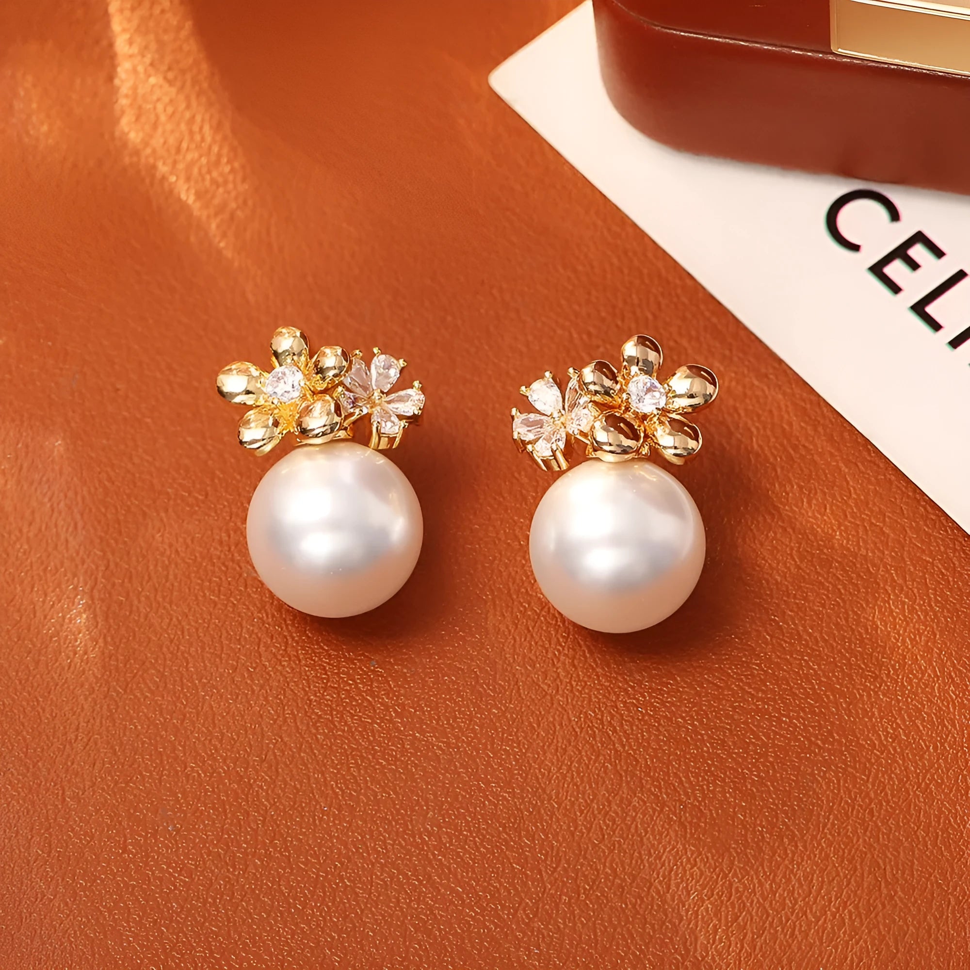 Flower inlaid zirconium pearl stud earrings real gold plated copper, gold and silver colour options