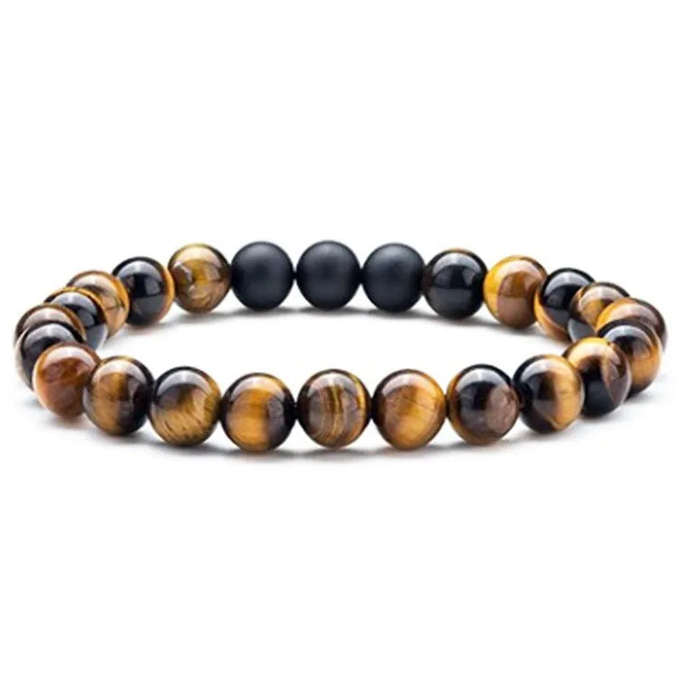 Tiger Eye agate couple bracelets with geometric beads in matte black finish