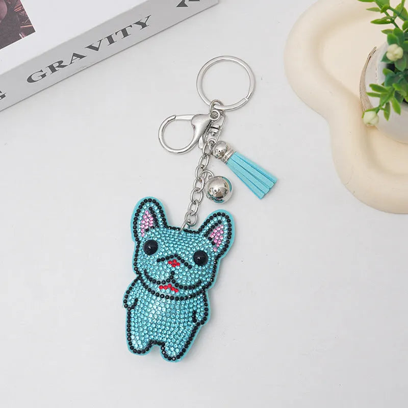 French dog rhinestone keychain with cartoon animal charm on electroplated alloy, 5-7cm size