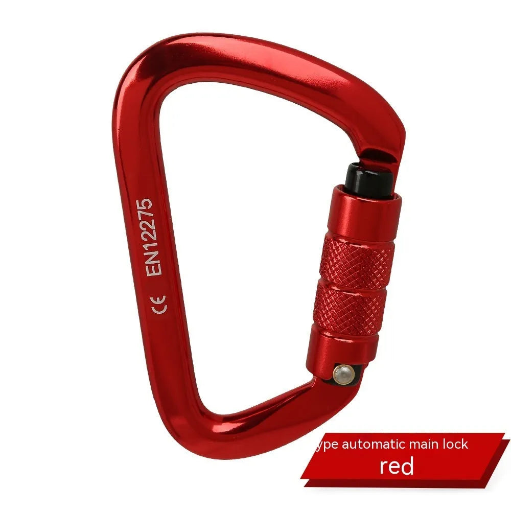 D-shaped locking climbing carabiner main lock in silver red colour with automatic gate closure.