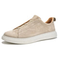 Men's no-tie elastic casual sneakers with top pigskin leather upper in gray, round toe, low-top design