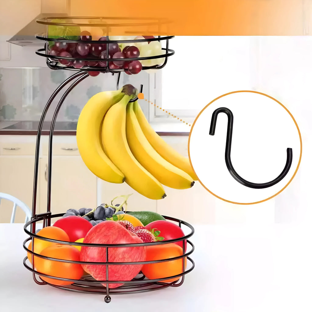 Black double-layer wrought iron fruit basket with open-weave shelves for storing produce.