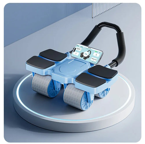Black abdominal exercise wheel with four wheels and automatic rebound mechanism on a floor