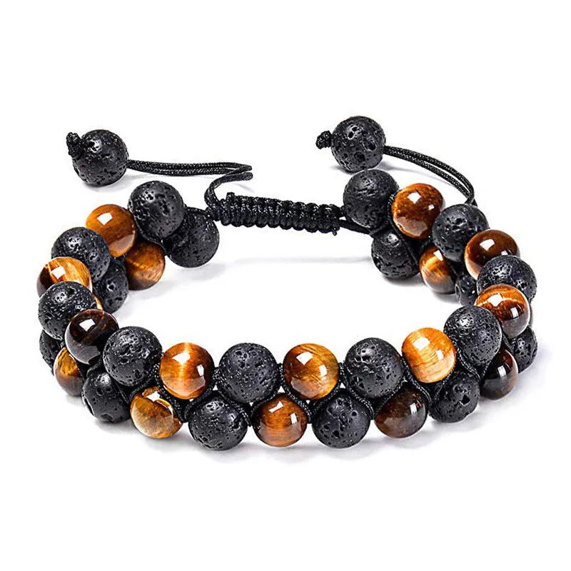 Tiger Eye agate couple bracelets with geometric beads in matte black finish