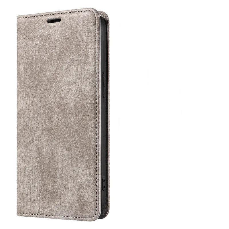 Magnetic flip phone case in leather and TPU for iPhone, shown in grey colour.