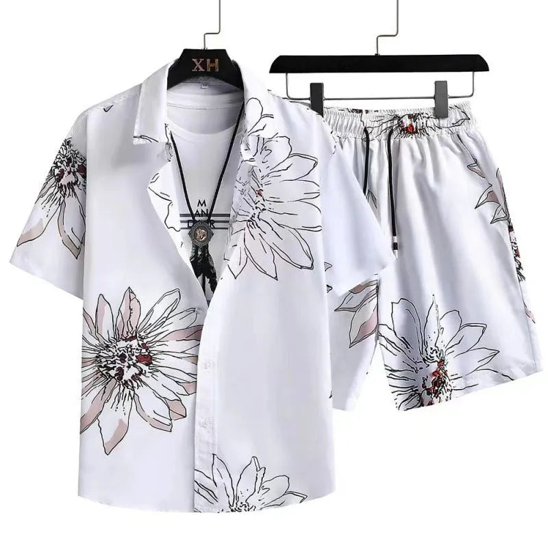Man wearing a digitally printed short sleeve shirt and matching shorts from a casual polyester suit set.