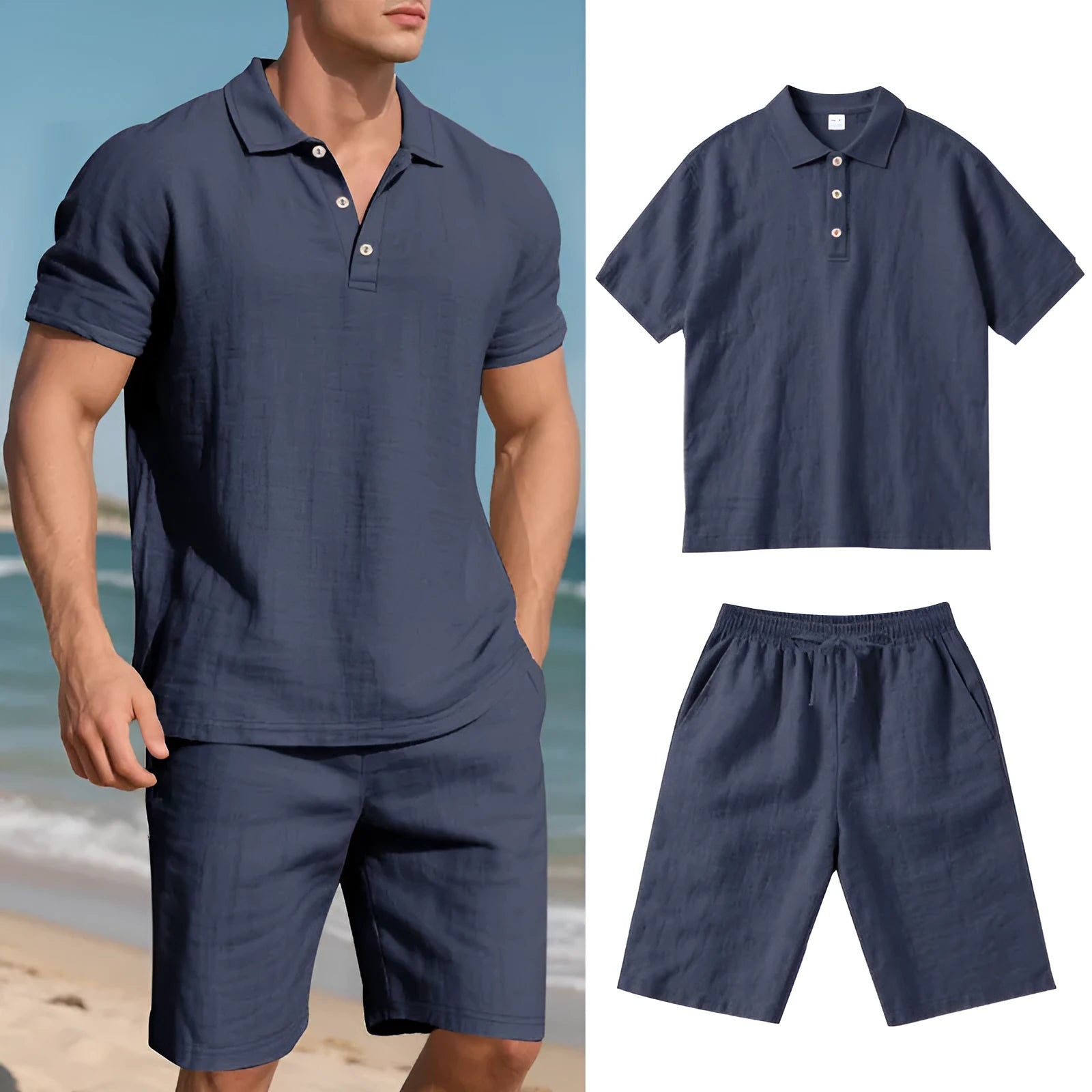 Men's light beige linen blend short sleeve top and shorts set on a hanger, summer casual outfit.