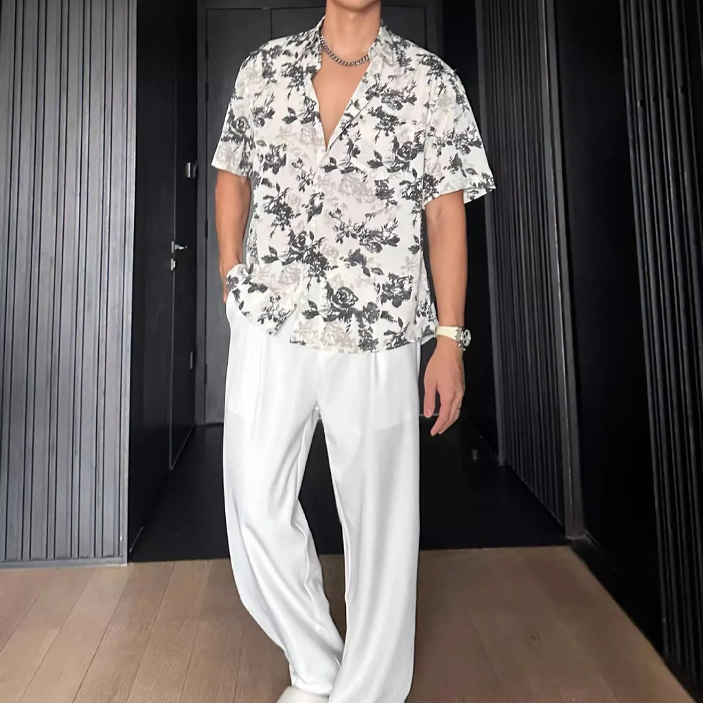Short sleeve floral print shirt in black or white with loose casual fit