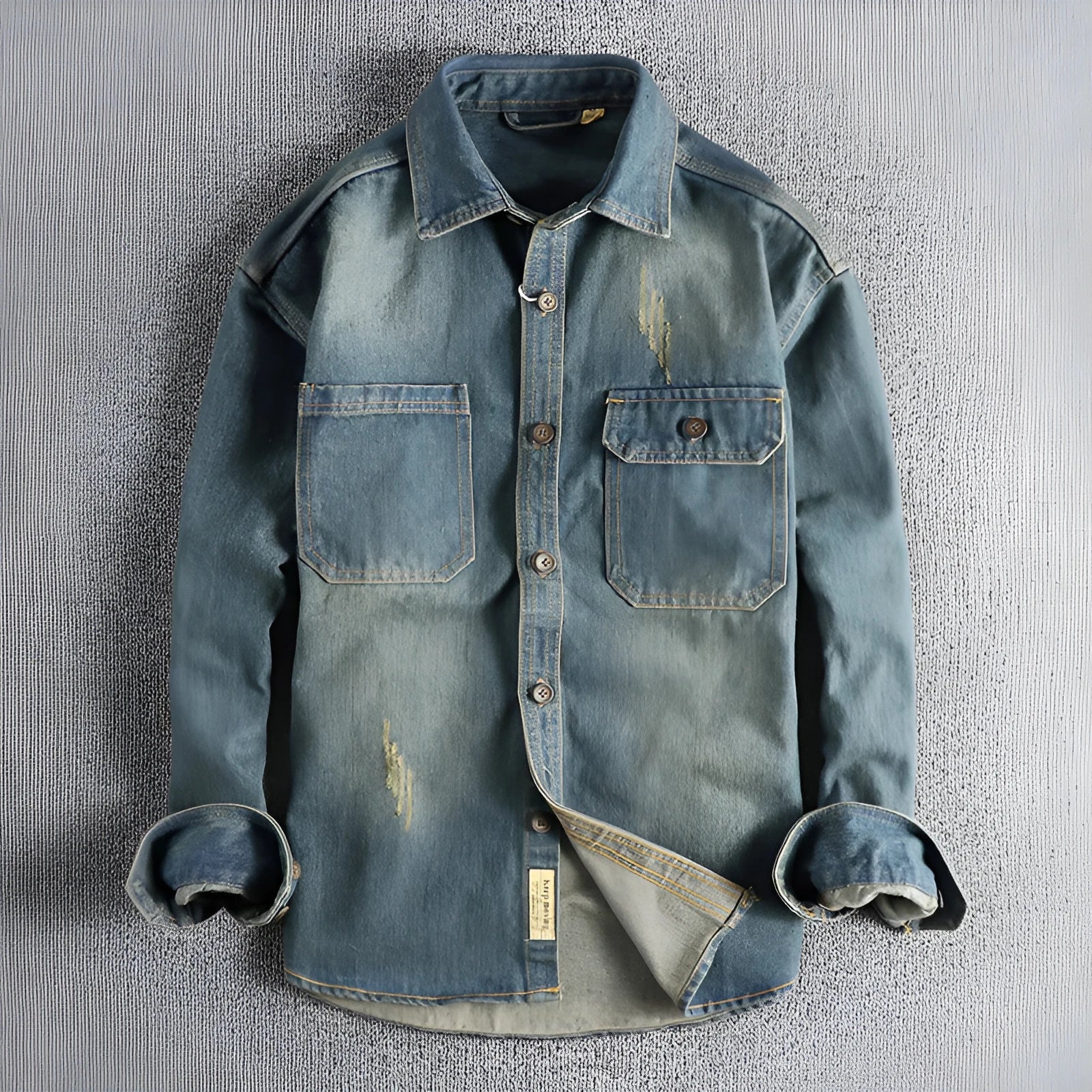 Men's light blue loose fit vintage denim shirt with long sleeves and cardigan style