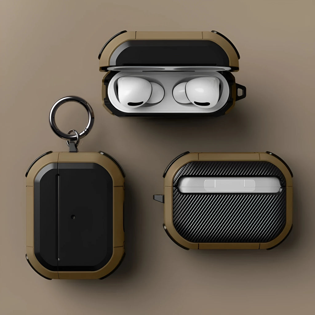 Black TPU and PC protective shell on an AirPods Pro charging case.