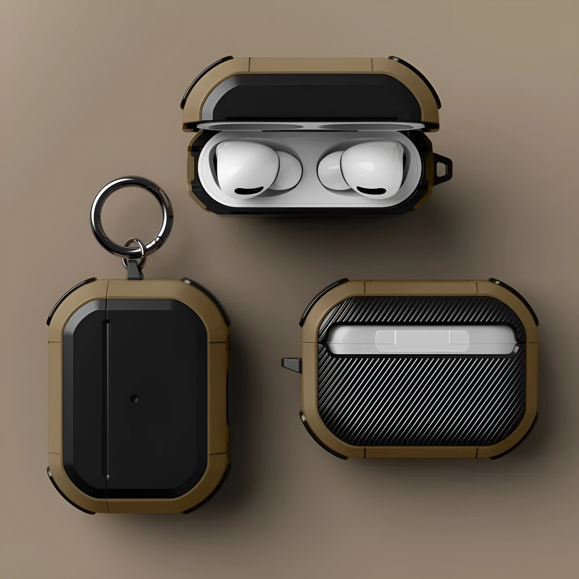 Black TPU and PC protective shell on an AirPods Pro charging case.