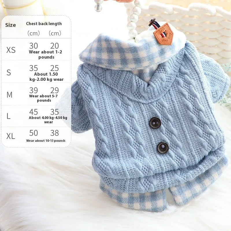 Blue plaid pattern dog sweater with fake two-piece design and fleece lining