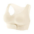 Front-fastening women's sports bra in black with fixed double straps and a molded 3/4 cup.
