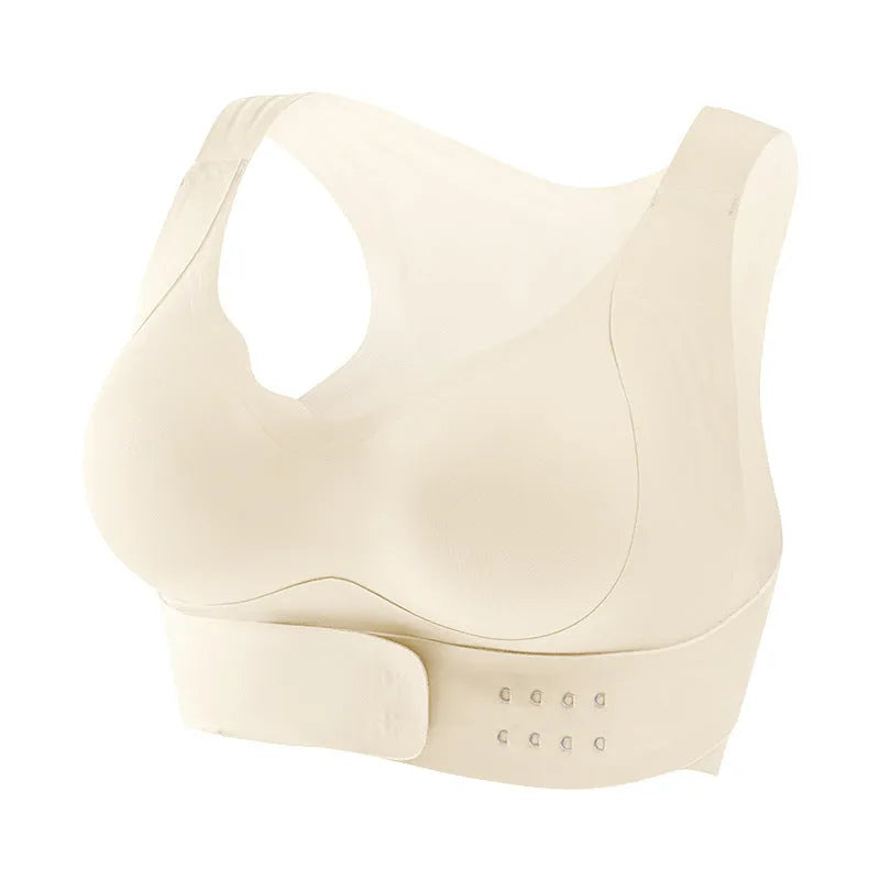 Front-fastening women's sports bra in black with fixed double straps and a molded 3/4 cup.