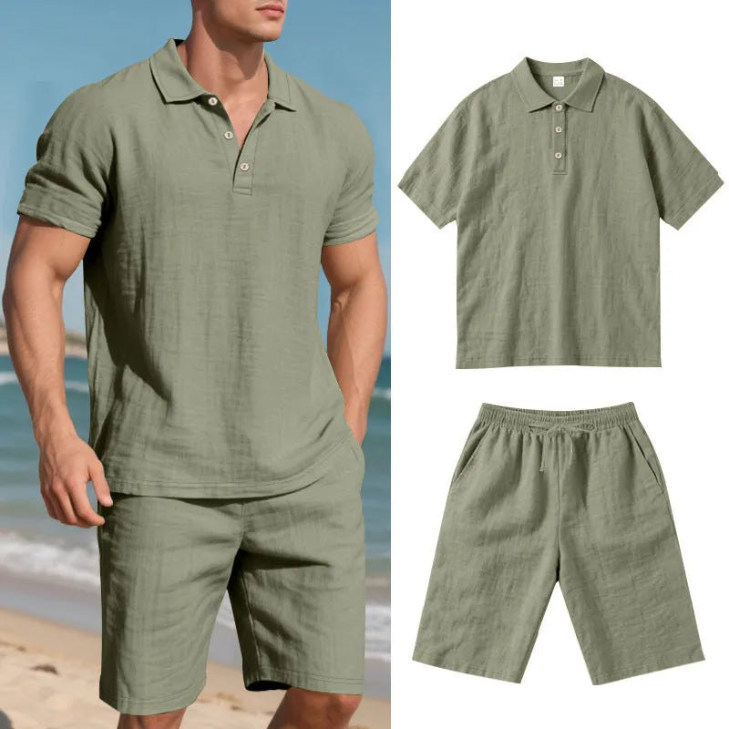 Men's light beige linen blend short sleeve top and shorts set on a hanger, summer casual outfit.