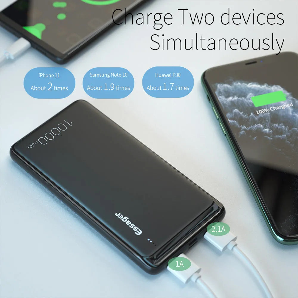 Essager Small Jane black and white 10000mAh portable power bank showing dual USB ports and LED indicators.