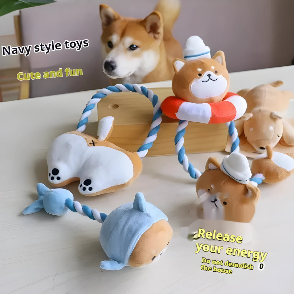 Plush dog toys in Xiaojiu butt, seal, whale, dolphin, and Shiba Inu shapes on a light background