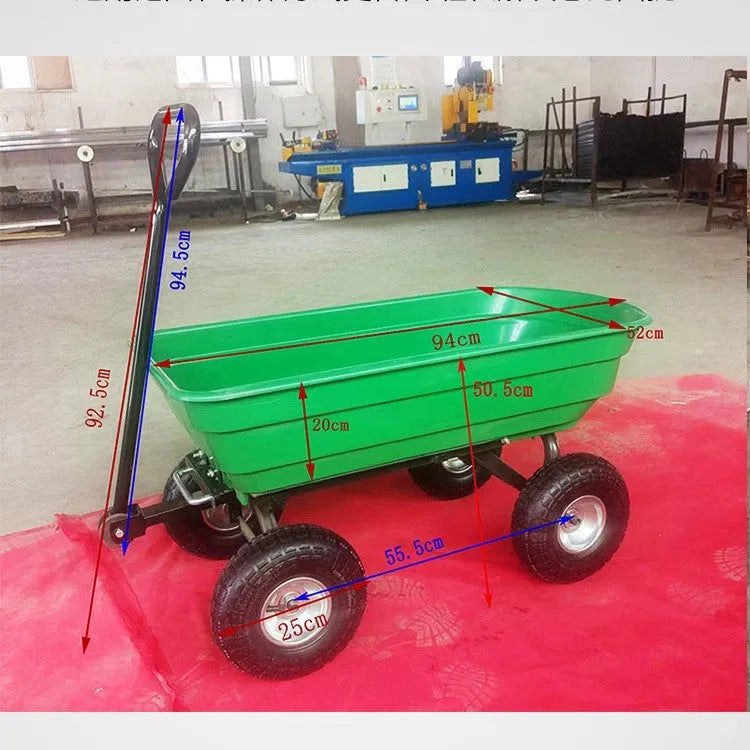 Green four-wheel plastic dump truck with Steel PP body, shown with load bay dimensions 94cm long by 52cm wide.