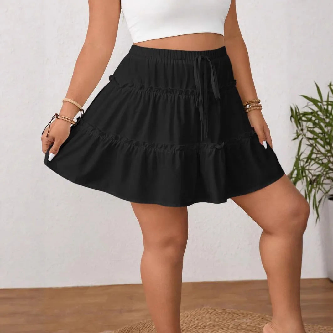 White A-line skirt with lace-up front and pleated pattern in milk silk sanding fabric