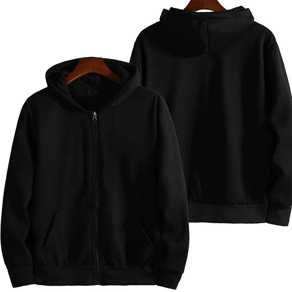 Men's solid colour loose fit zip-up sports jacket on a hanger.