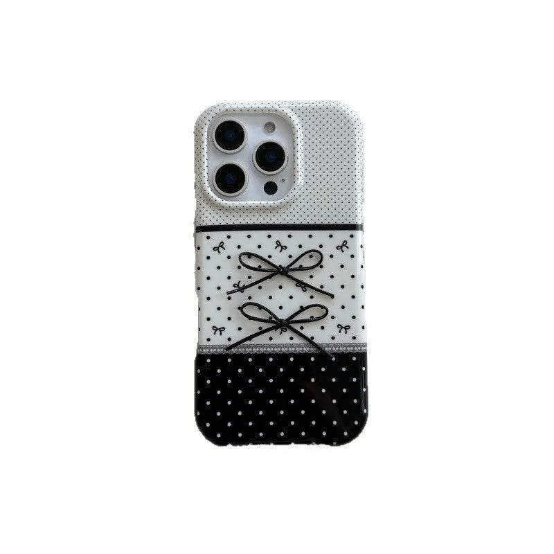 Black and white polka dot stitching stereo bow silicone phone case for iPhone