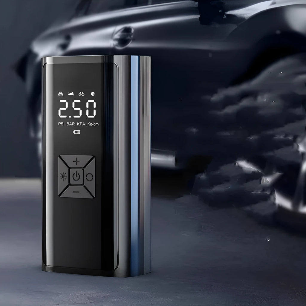 Portable wireless digital display car tyre pump with ABS casing, digital screen, and inflatable hose.