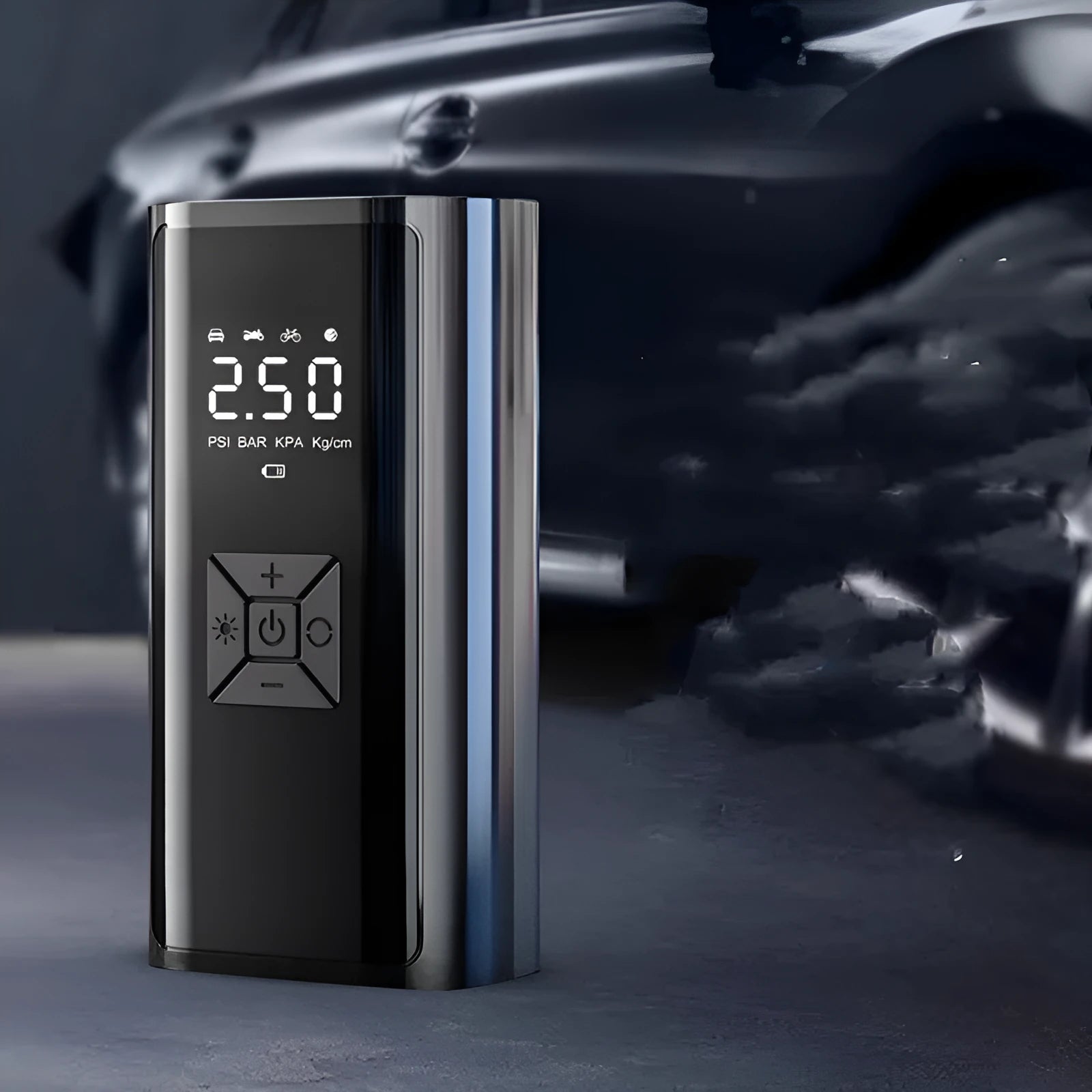 Portable wireless digital display car tyre pump with ABS casing, digital screen, and inflatable hose.