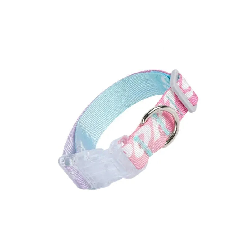 Adjustable nylon dog collar with a colourful cartoon gradient print and plastic buckle.