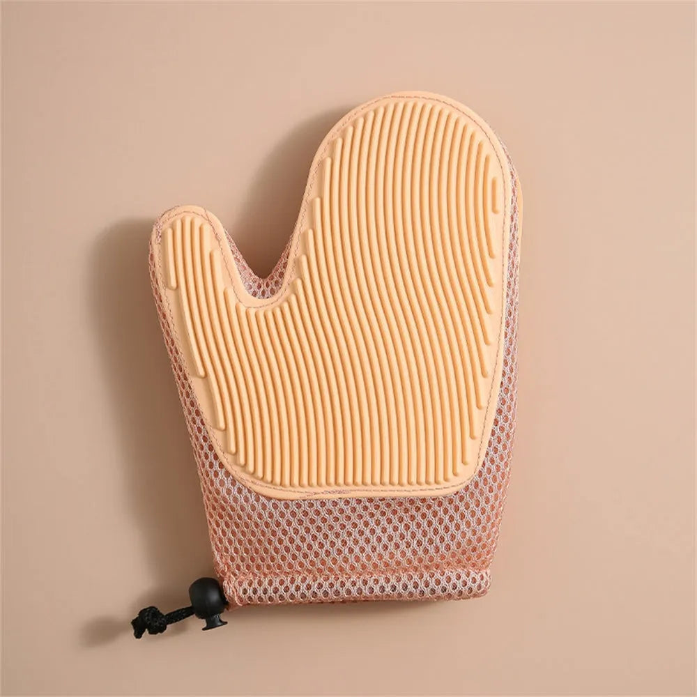 Right-handed pet hair removal glove in blue, green, or yellow for grooming dogs and cats.