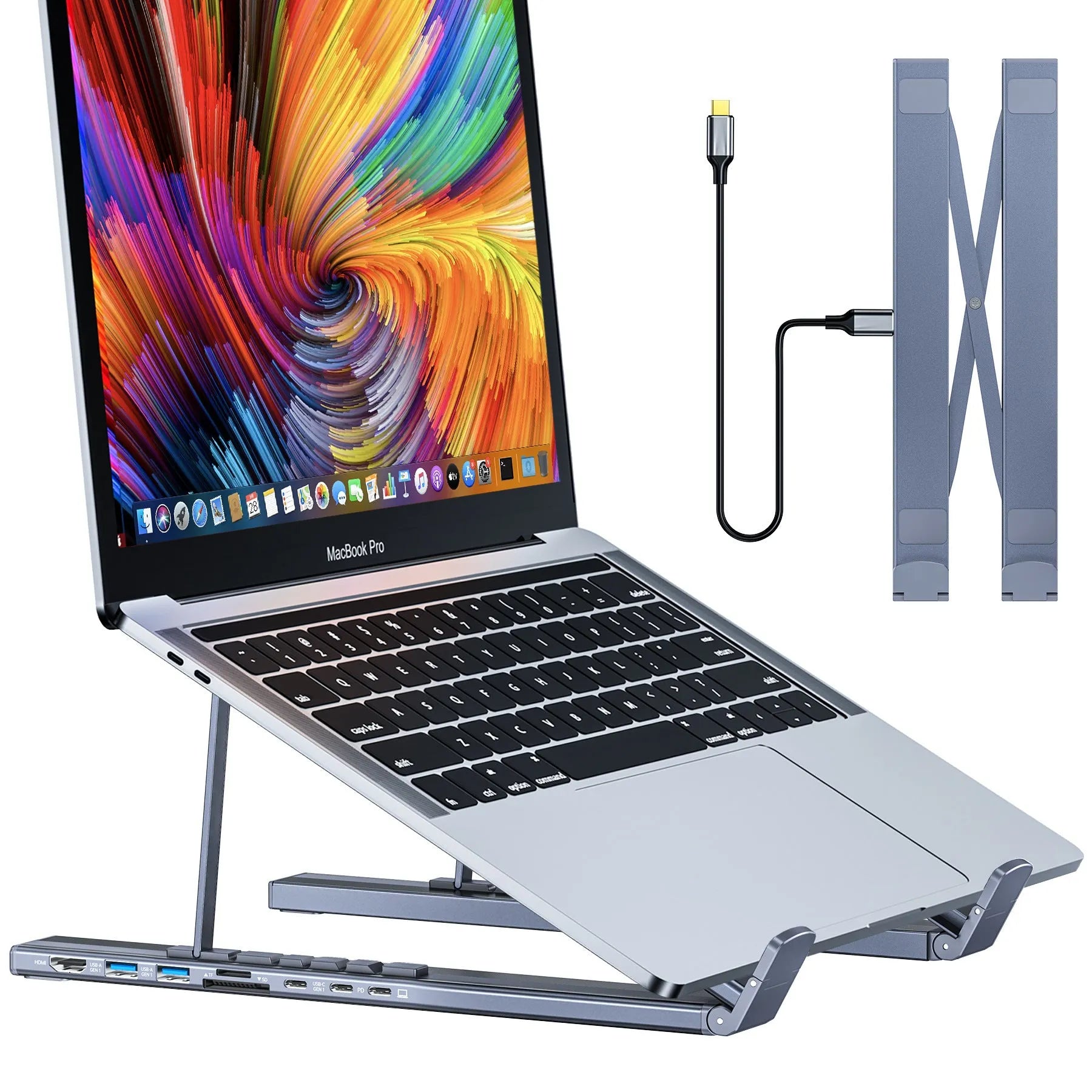 Aluminium alloy folding laptop docking station stand with multi-port HUB in 8-in-1 colour.