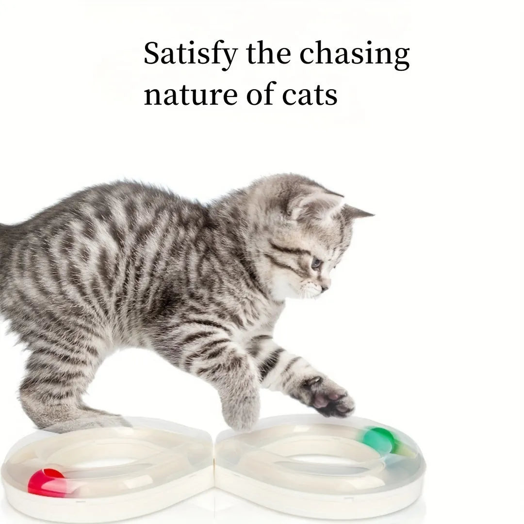 Blue and white cat turntable track toy with teasing stick for interactive play