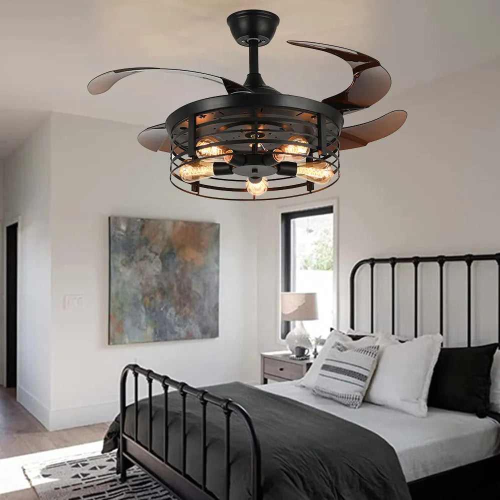 Industrial retro ceiling fan lamp with integrated light and acrylic blades, remote control included.