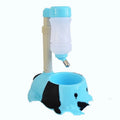 Adjustable rod lifting pet drinking bowl in blue plastic showing height mechanism.