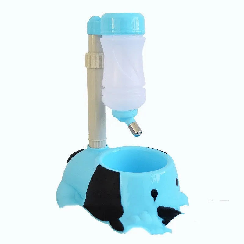 Adjustable rod lifting pet drinking bowl in blue plastic showing height mechanism.