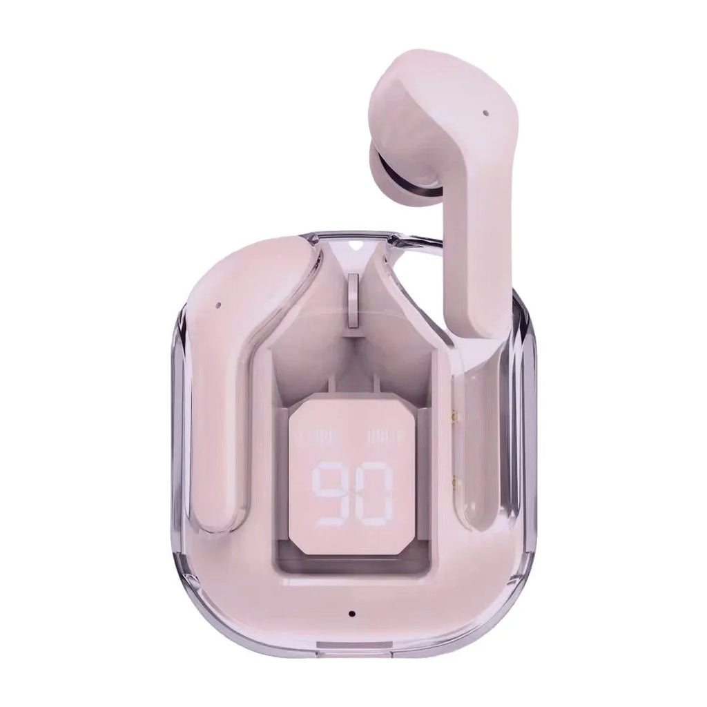 Transparent space capsule case Bluetooth earbuds with digital display showing black, white, light blue, green, and peach colour options