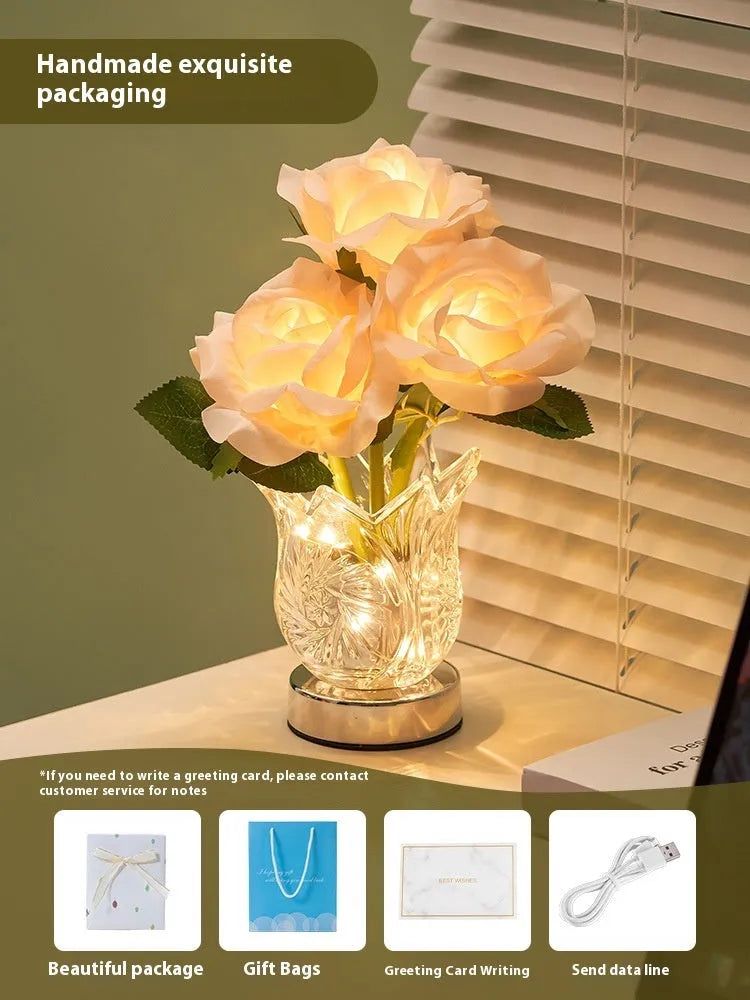 Crystal flowers table lamp with touch dimming controls and USB charging port