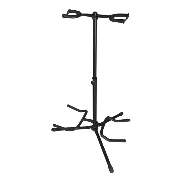 Vertical black iron double-headed adjustable guitar stand holding two guitars