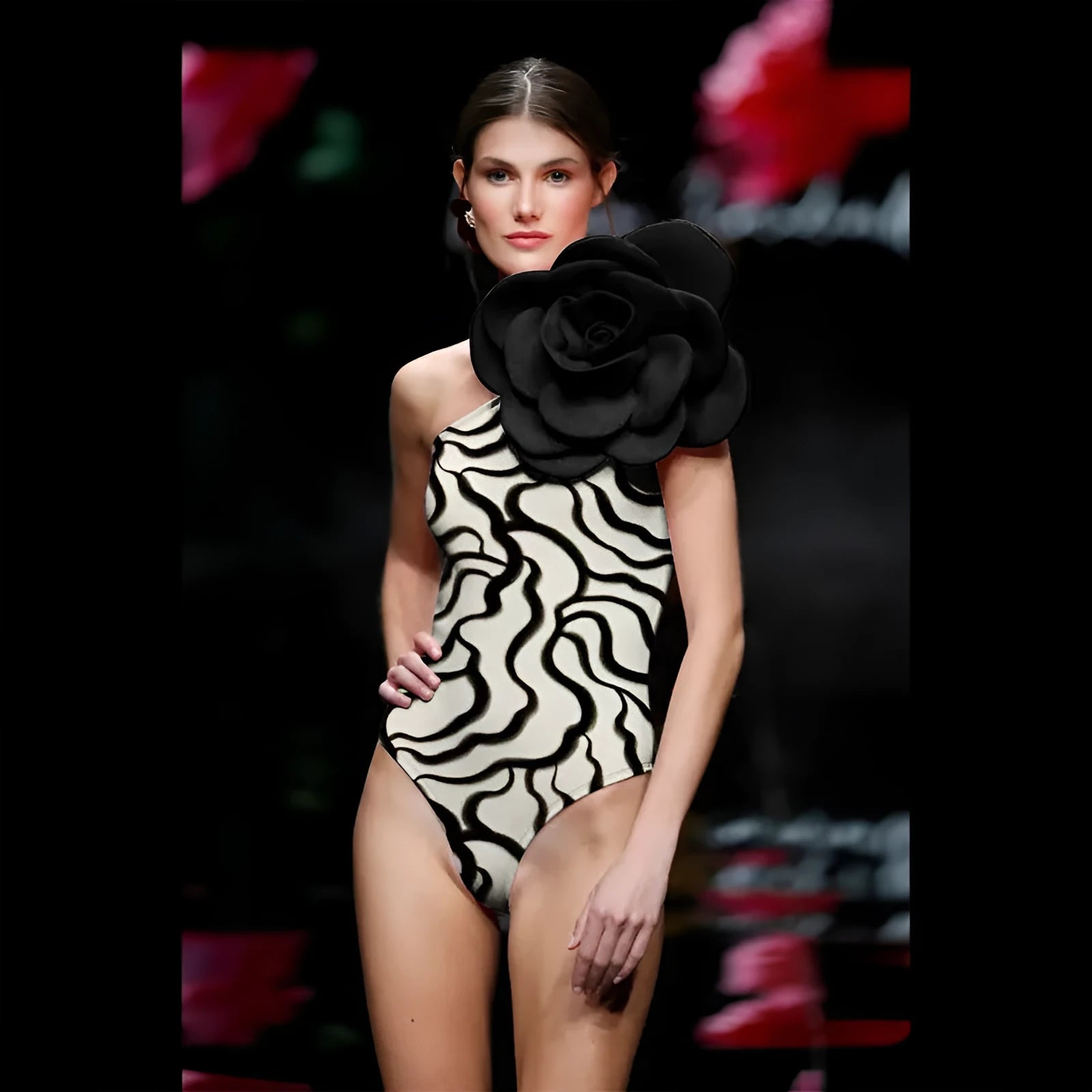 One-piece swimsuit with three-dimensional floral pattern showing European and American fit