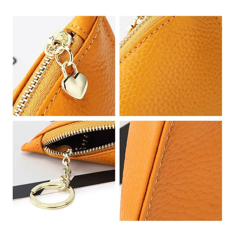 Women's small genuine leather mini coin purse in solid colour with sewing thread detailing
