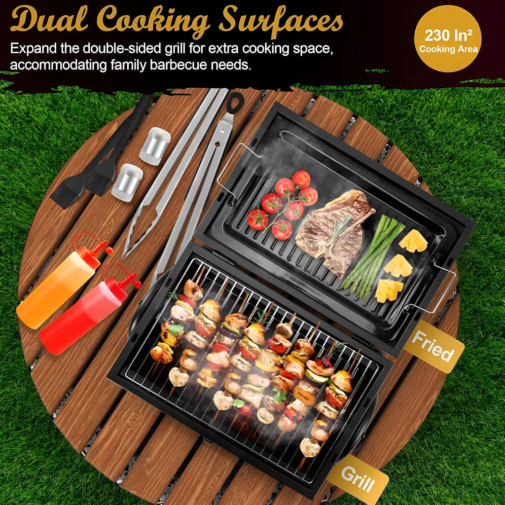 Small folding desktop charcoal barbecue smoking device with compact grill