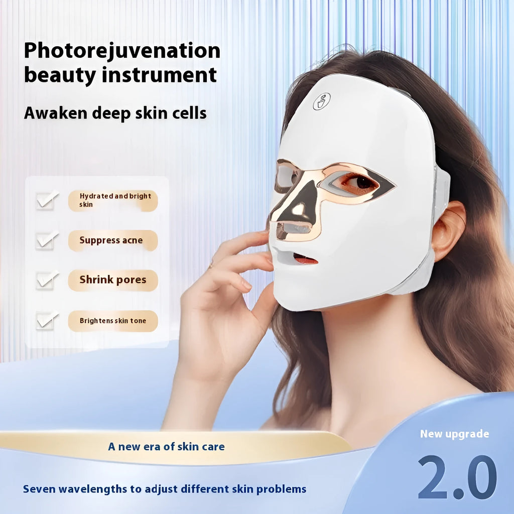 Rechargeable LED light therapy beauty mask with touch controls on a white background