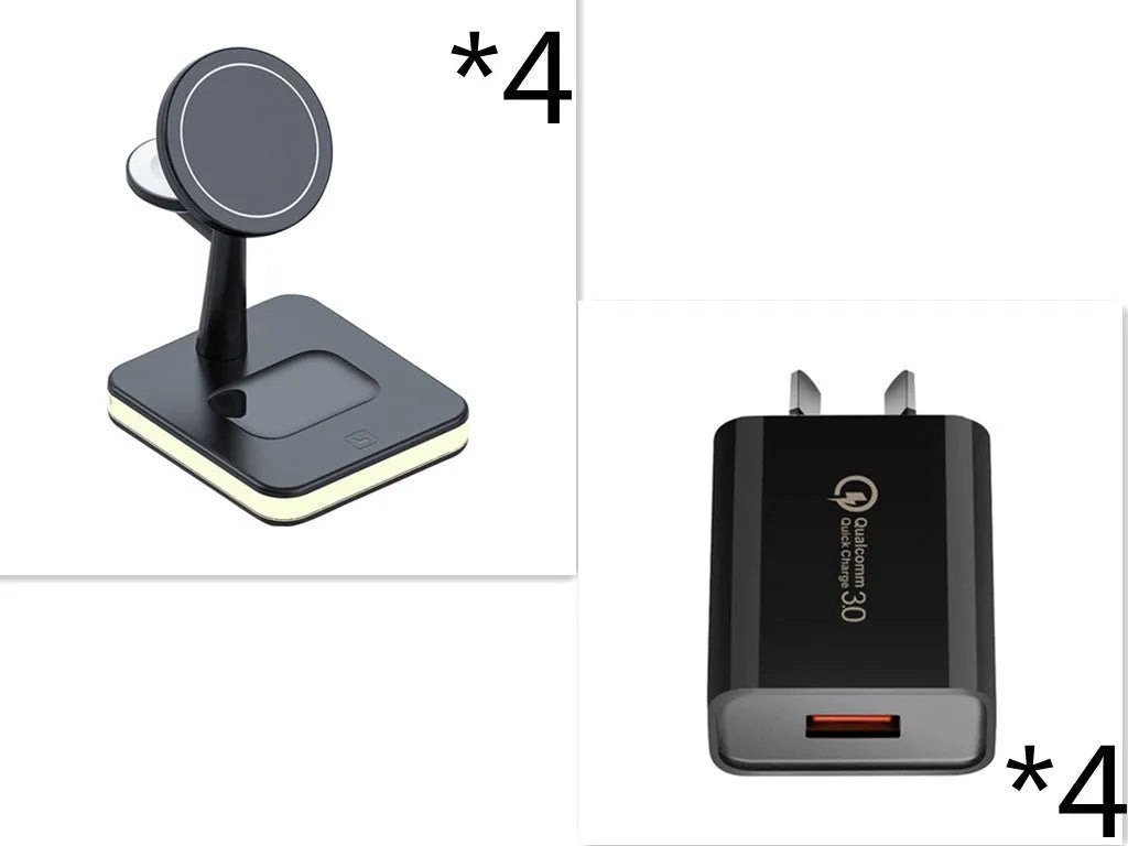 3-in-1 wireless charger magnetic bracket charging smartphone, watch, and earbuds on a desk