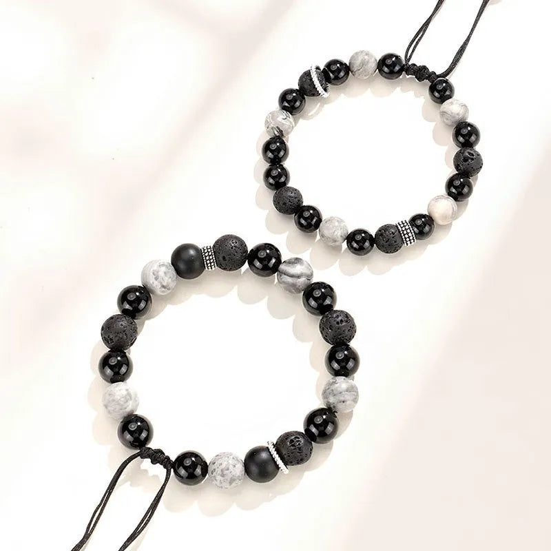 Black agate map stone bracelet with diamond shape design in New Chinese style.