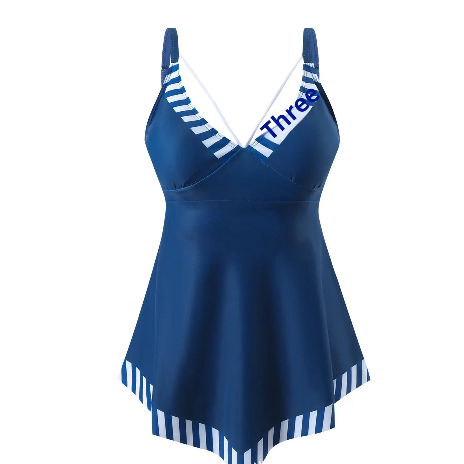 Plus size women's two-piece bikini swimsuit in dark blue, showing backless design.
