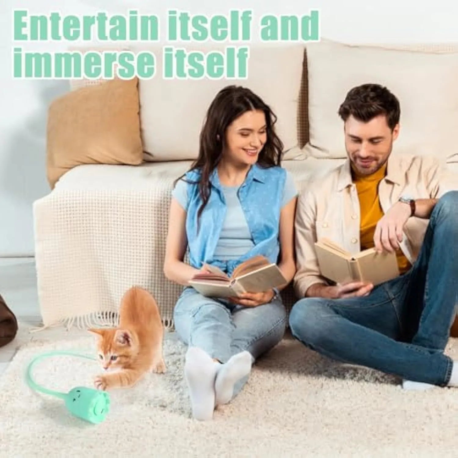 Green automatic electronic cat wand toy with swinging silicone tails on white background