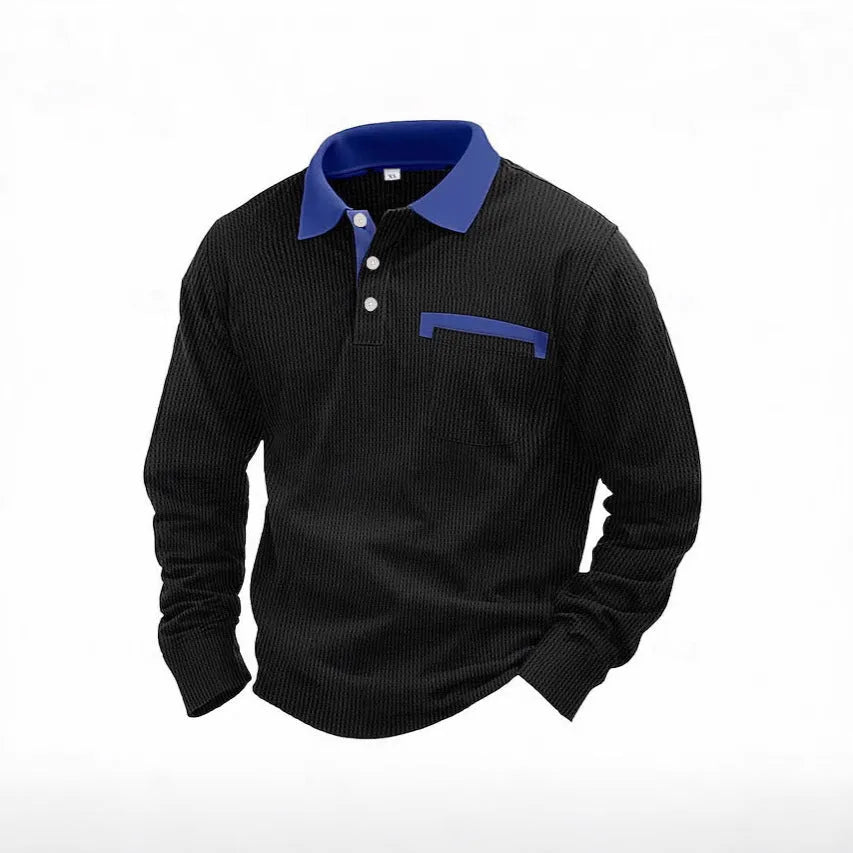 Man wearing a long-sleeved waffle-texture polo shirt in a solid colour with a loose, retro fit.