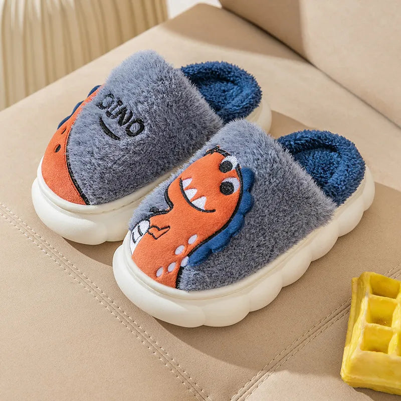 Plush cotton couple slippers with dinosaur designs in grey, coffee, and orange colours