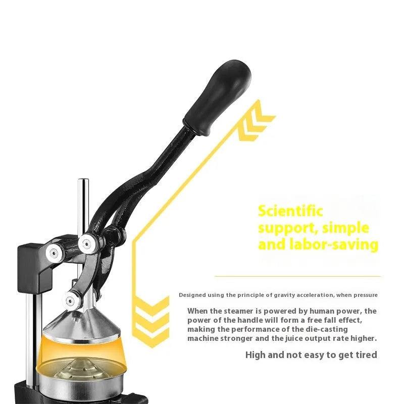 Black and white manual citrus juicer with cast iron base and stainless steel funnel, 40cm tall.